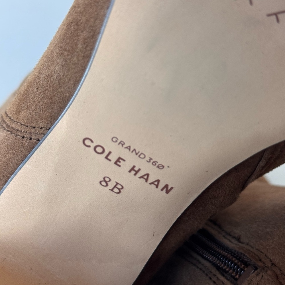 Cole Haan Grand Georgette Tan Leather Suede Tall Block Heel Boots Shoes Size 8 - Picture 10 of 16